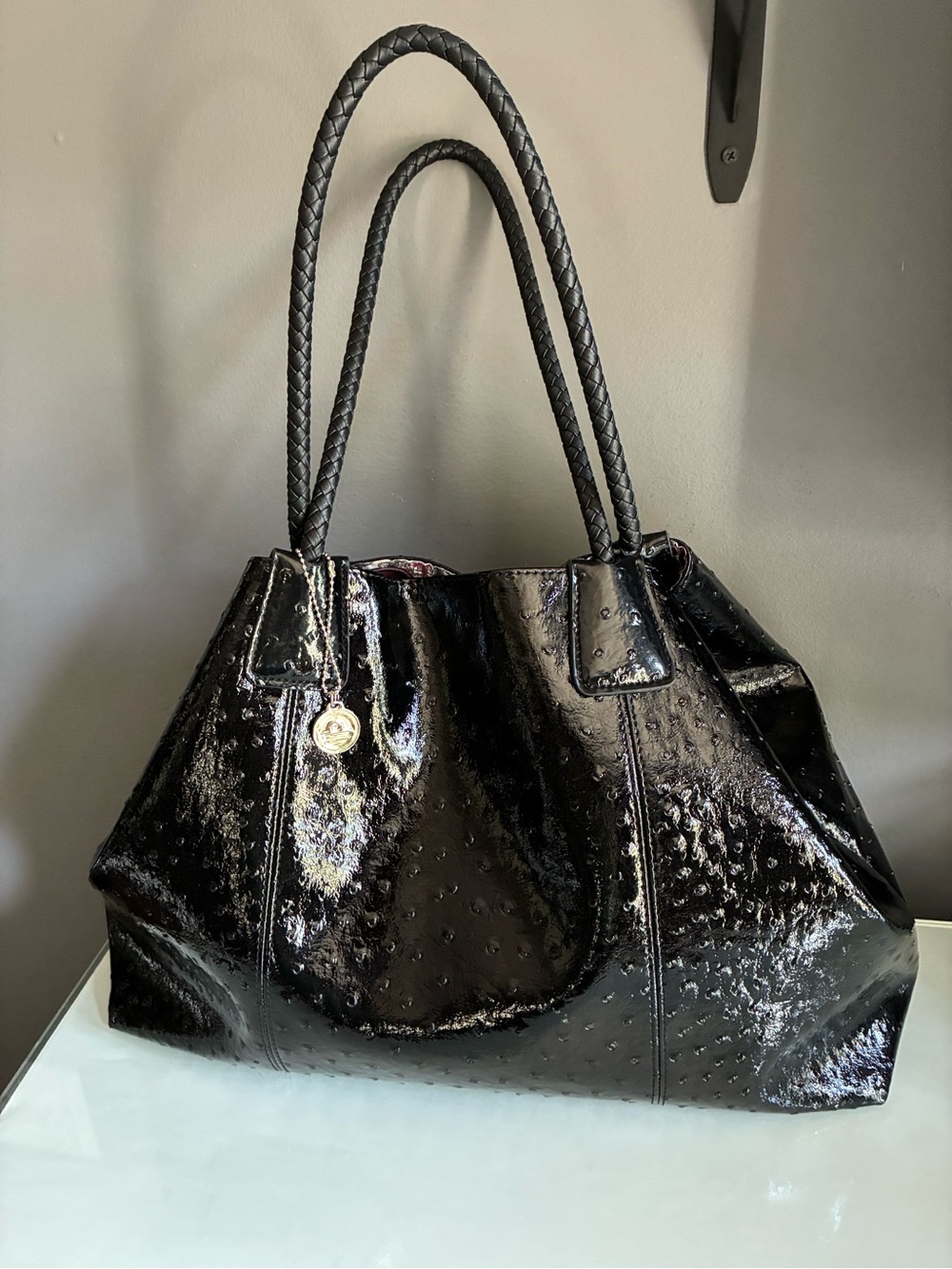 Extra Large Vegan Black Patent  Ostrich Tote Bag with Braided Handle Big Buddha